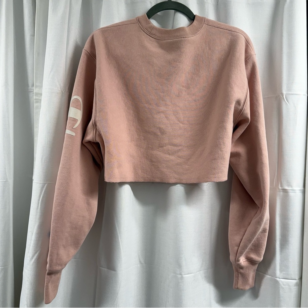 Champion Cropped Sweatshirt Blush Pink/ Dusty Rose XS Logo Sleeve - Picture 2 of 7